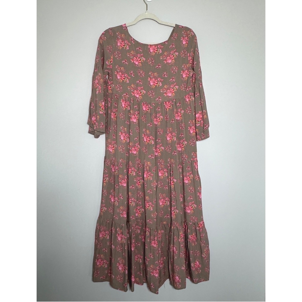 Natural Life Floral Tiered Maxi Dress Women XS Brown Pink Long Sleeve Boho - Picture 4 of 7